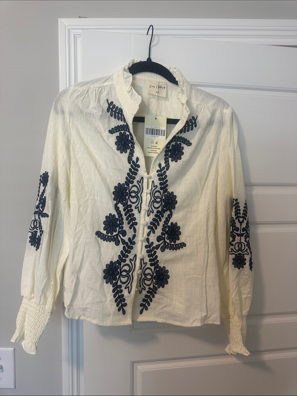 Ivory Embroidered Peasant Blouse with Navy Floral Detailing